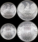 GREECE: Lot of 2 coins (1970) in silver (0,900) composed of 50 Drachmas & 100 Drachmas commemorating the April 21st 1967. Phoenix and soldier on obver...