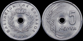 GREECE: 5 Lepta (1971) in aluminum. Royal crown and inscription "ΒΑΣΙΛΕΙΟΝ ΤΗΣ ΕΛΛΑΔΟΣ" on obverse. Inside slab by PCGS "MS 68". Cert number: 45568232...