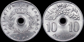 GREECE: 10 Lepta (1971) (type I) in aluminum. Royal crown and inscription "ΒΑΣΙΛΕΙΟΝ ΤΗΣ ΕΛΛΑΔΟΣ" on obverse. Inside slab by PCGS "MS 66". Cert number...