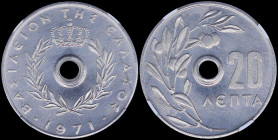 GREECE: 20 Lepta (1971) (type I) in aluminum. Royal crown and inscription "ΒΑΣΙΛΕΙΟΝ ΤΗΣ ΕΛΛΑΔΟΣ" on obverse. Inside slab by NGC "MS 66". Cert number:...