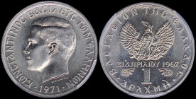 GREECE: 1 Drachma (1971) (type II) in copper-nickel. Head of King Constantine II facing left and inscription "ΚΩΝCΤΑΝΤΙΝΟC ΒΑCΙΛΕΥC ΤΩΝ ΕΛΛΗΝΩΝ" on ob...