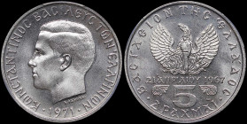 GREECE: 5 Drachmas (1971) (type II) in copper-nickel. Head of King Constantine II facing left and inscription "ΚΩΝCΤΑΝΤΙΝΟC ΒΑCΙΛΕΥC ΤΩΝ ΕΛΛΗΝΩΝ" on o...