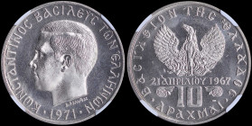 GREECE: 10 Drachmas (1971) (type II) in copper-nickel. Head of King Constantine II facing left and inscription "ΚΩΝCΤΑΝΤΙΝΟC ΒΑCΙΛΕΥC ΤΩΝ ΕΛΛΗΝΩΝ" on ...