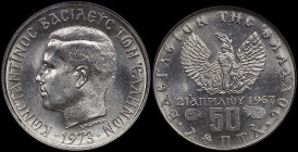 GREECE: 50 Lepta (1973) (type II) in copper-nickel. Head of King Constantine II facing left and inscription "ΚΩΝCΤΑΝΤΙΝΟC ΒΑCΙΛΕΥC ΤΩΝ ΕΛΛΗΝΩΝ" on obv...