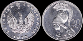GREECE: 20 Drachmas (1973) in copper-nickel. Phoenix and inscription "ΕΛΛΗΝΙΚΗ ΔΗΜΟΚΡΑΤΙΑ" on obverse. Helmeted Goddess Athena facing left on reverse....