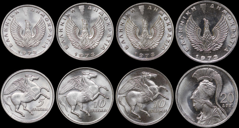 GREECE: Lot of 4 coins (1973) in copper-nickel composed of 5 Drachmas, 2x 10 Dra...