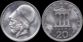 GREECE: 20 Drachmas (1976) (type I) in copper-nickel. Temple of Apteros Nike on obverse. Head of Pericles facing left on reverse. Inside slab by PCGS ...