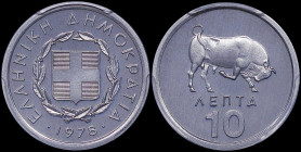GREECE: 10 Lepta (1978) in aluminum. National coat of arms and inscription "ΕΛΛΗΝΙΚΗ ΔΗΜΟΚΡΑΤΙΑ" on obverse. Bull on reverse. Inside slab by PCGS "PR ...