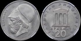GREECE: 20 Drachmas (1980) (type I) in copper-nickel. Temple of Apteros Nike and inscription "ΕΛΛΗΝΙΚΗ ΔΗΜΟΚΡΑΤΙΑ" on obverse. Head of Pericles facing...