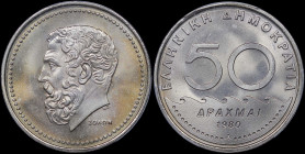 GREECE: 50 Drachmas (1980) (type I) in copper-nickel. Value, waves and inscription "ΕΛΛΗΝΙΚΗ ΔΗΜΟΚΡΑΤΙΑ" on obverse. Head of Solon facing left on reve...