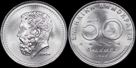GREECE: 50 Drachmas (1984) (type Ia) in copper-nickel. Value, waves and inscription "ΕΛΛΗΝΙΚΗ ΔΗΜΟΚΡΑΤΙΑ" on obverse. Head of Solon facing left on rev...