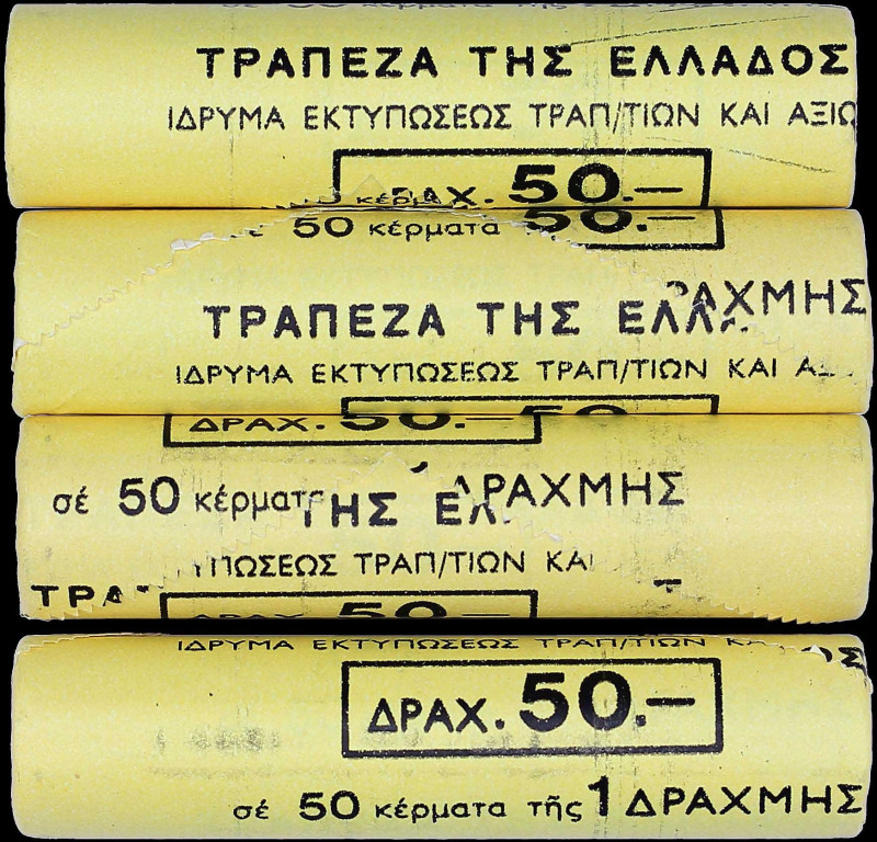 GREECE: Lot composed of four rolls each containing 50x 1 Drachma (1992) (type II...