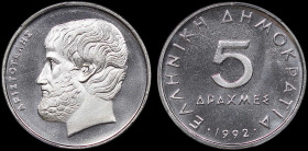 GREECE: 5 Drachmas (1992) (type Ia) in copper-nickel. Value and inscription "ΕΛΛΗΝΙΚΗ ΔΗΜΟΚΡΑΤΙΑ" on obverse. Head of Aristotle facing left on reverse...