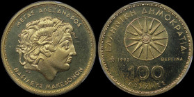 GREECE: 100 Drachmas (1993) (type I) in copper-aluminium. Star of Vergina and inscription "ΕΛΛΗΝΙΚΗ ΔΗΜΟΚΡΑΤΙΑ" at one side. Head of Alexander the Gre...