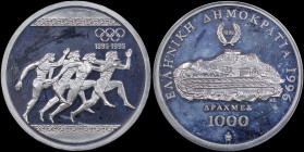 GREECE: 1000 Drachmas (1996) (type I) in silver (0,925) commemorating the 1896 Athens Olympics Centenary. Ancient runners on obverse. Panathenaic stad...