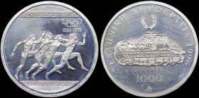 GREECE: 1000 Drachmas (1996) (type I) in silver (0,925) commemorating the 1896 Athens Olympics Centenary. Ancient runners on obverse. Panathenaic stad...