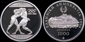 GREECE: 1000 Drachmas (1996) (type II) in silver (0,925) commemorating the 1896 Athens Olympics Centenary. Wrestlers on obverse. Panathenaic stadium a...