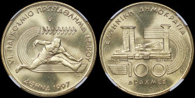 GREECE: 100 Drachmas (1997) (type II) in copper-aluminum. Athlete of track field and inscription "VI. ΠΑΓΚΟΣΜΙΟ ΠΡΩΤΑΘΛΗΜΑ ΣΤΙΒΟΥ - ΑΘΗΝΑ 1997" on obv...