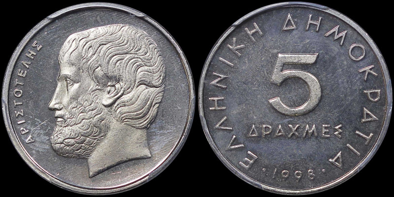 GREECE: 5 Drachmas (1998) (type Ia) in copper-nickel. Value at center and inscri...