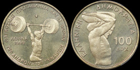 GREECE: 100 Drachmas (1999) (type V) in copper-alluminum commemorating the 70th Men & 13th Women World Weightlifting Championship. Athlete of weightli...