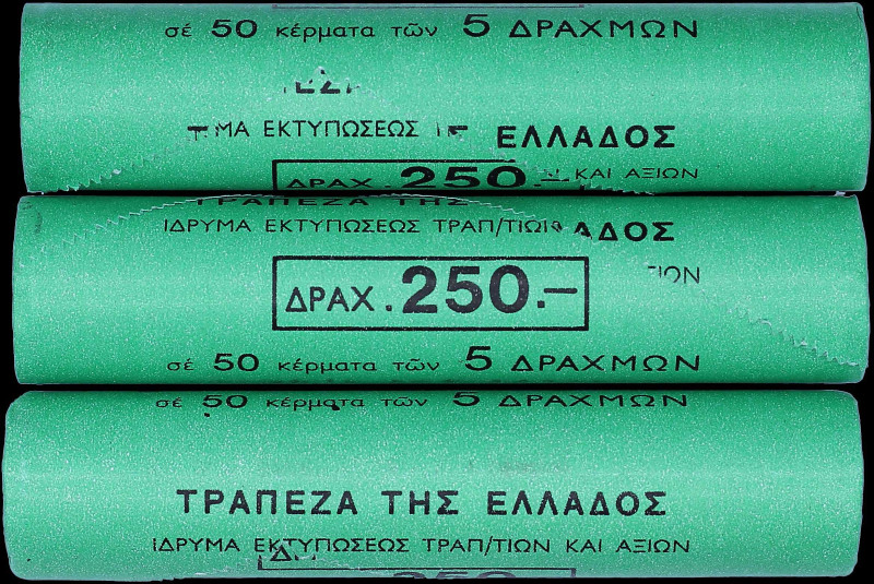 GREECE: Lot composed of 3 rolls which each containing 50x 5 Drachmas (2000) (typ...