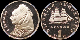 GREECE: 1 Drachma (2000) in gold (0,917). Sailboat and inscription "ΕΛΛΗΝΙΚΗ ΔΗΜΟΚΡΑΤΙΑ" on obverse. Bust of Bouboulina facing left on reverse. The la...