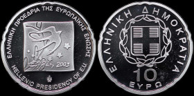 GREECE: 10 Euro (2003) in silver (0,925) commemorating the Hellenic Presidency of the European Union. Inside its official case with CoA with no "00575...