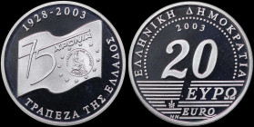 GREECE: 20 Euro (2003) in silver (0,925) commemorating the 75th Anniversary of the Bank of Greece. Flag and bank logo on obverse. Inside its official ...