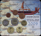 GREECE: Euro coin set (2009) composed of 1, 2, 5, 10, 20 and 50 Cent & 1 and 2 Euro. Inside official commemorative blister for the ship of Thera (17th...