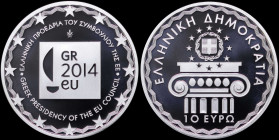 GREECE: 10 Euro (2014) in silver (0,925) commemorating the Greek presidency of the EU council. Inscription "GR 2014 EU" on obverse. Inside its officia...