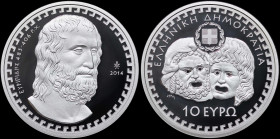 GREECE: 10 Euro (2014) in silver (0,925) commemorating the Greek Culture / Tragedians - Euripides. Bust of Euripides facing right on obverse. Inside i...