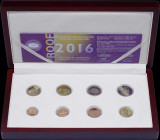 GREECE: Euro coin set (2016) composed of 1, 2, 5, 10, 20 & 50 Cent and 1 & 2 Euro. Inside official wooden case with CoA with no "1058". (Hellas M.53)....