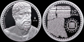 GREECE: 10 Euro (2018) in silver (0,925) commemorating Greek Culture / Lyrical poets - Pindar. Bust of Pindar facing right on obverse. Inside its offi...