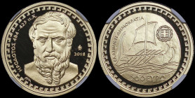 GREECE: 200 Euro (2018) in gold (0,917) commemorating the Greek Culture / Historians - Herodotus. Bust of Herodotus facing on obverse. Inside slab by ...