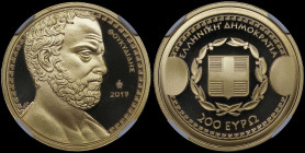 GREECE: 200 Euro (2019) in gold (0,917) commemorating the Greek Culture / Historians - Thucydides. Bust of Thucydides facing right on obverse. Inside ...
