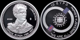 GREECE: 10 Euro (2022) in silver (0,925) commemorating Philhellenes / Lord Byron. Portrait of Lord Byron and dates of birth and death below on obverse...