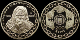 GREECE: 200 Euro (2022) in gold (0,917) commemorating the 100 years from the Asia Minor Disaster. The figure of a refugee woman on obverse. Inside its...