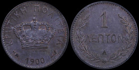 GREECE: 1 Lepton (1900 A) in bronze. Royal crown and inscription "ΚΡΗΤΙΚΗ ΠΟΛΙΤΕΙΑ" on obverse. Inside slab by PCGS "MS 64 BN". Cert number: 17269632....