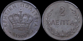 GREECE: 2 Lepta (1900 A) in bronze. Royal crown and inscription "ΚΡΗΤΙΚΗ ΠΟΛΙΤΕΙΑ" on obverse. Inside slab by PCGS "MS 63 BN". Cert number: 45021488. ...