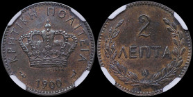 GREECE: 2 Lepta (1900 A) in bronze. Royal crown and inscription "ΚΡΗΤΙΚΗ ΠΟΛΙΤΕΙΑ" on obverse. Inside slab by NGC "UNC DETAILS / CLEANED". Cert number...