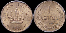 GREECE: 1 Lepton (1901 A) in bronze. Royal crown and inscription "ΚΡΗΤΙΚΗ ΠΟΛΙΤΕΙΑ" on obverse. Inside slab by PCGS "MS 64+ RD". Cert number: 42571032...