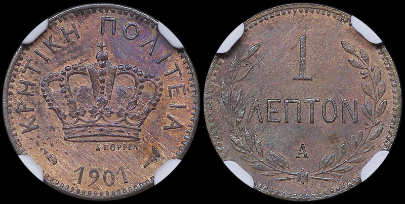 GREECE: 1 Lepton (1901 A) in bronze. Royal crown and inscription "ΚΡΗΤΙΚΗ ΠΟΛΙΤΕ...