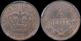 GREECE: 2 Lepta (1901 A) in bronze. Royal crown and inscription "ΚΡΗΤΙΚΗ ΠΟΛΙΤΕΙΑ" on obverse. Inside slab by PCGS "MS 64 RB". Cert number: 46070156. ...