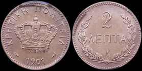 GREECE: 2 Lepta (1901 A) in bronze. Royal crown and inscription "ΚΡΗΤΙΚΗ ΠΟΛΙΤΕΙΑ" on obverse. Inside slab by PCGS "UNC Detail / Questionable Color". ...
