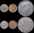 GREECE: Lot of 3 coins composed of 10 Lepta (1900 A) in copper nickel, 2 Lepta (1901 A) in bronze and 5 Drachmas (1901) in silver (0,900). Inside slab...