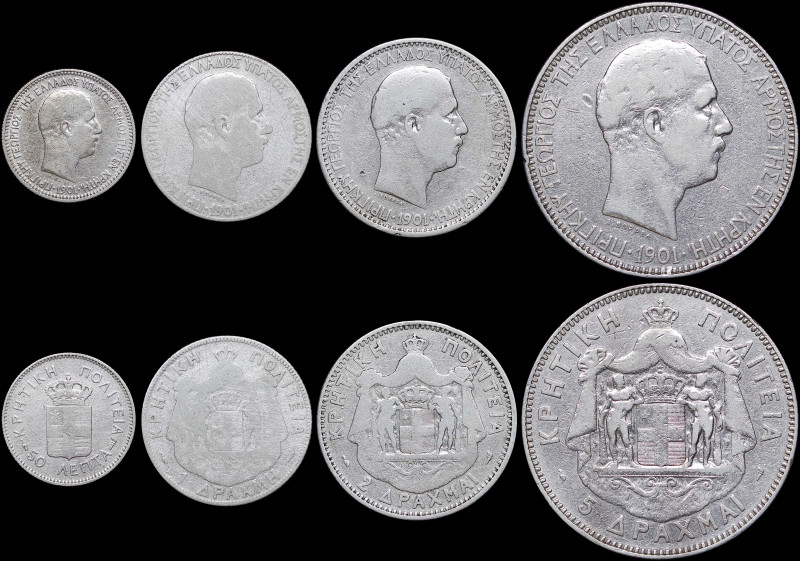 GREECE: Lot of 4 coins (1901) in silver composed of 50 Lepta, 1 Drachma, 2 Drach...