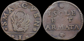GREECE: ITALIAN STATES / VENICE (ISOLE AT ARMATA): 1 Soldo (1686) in copper. The lion of St Mark with the inscription "S.MARC.VEN" between stars on ob...