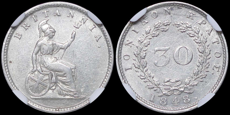 GREECE: 30 new Obols (1848.) in silver. Seated Britannia on obverse. Dot after d...