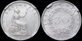 GREECE: 30 new Obols (1848.) in silver. Seated Britannia on obverse. Dot after date. Inside slab by NGC "AU 50". Cert number: 6142283-017. (Hellas I.2...