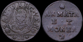 GREECE: ITALIAN STATES / VENICE (ARMATA & MOREA): 2 Soldi (1691) (type I) in copper. The lion of St Mark with the inscription "SAN.MARC.VEN" between r...